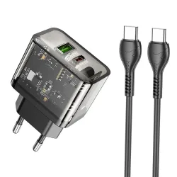 Caricabatterie da Rete con Cavo USB-C HOCO N34, 20W, 3A, 1 x USB-A - 1 x USB-C, Trasparente