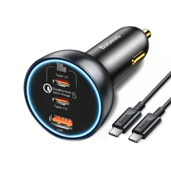 Caricabatterie Auto con Cavo USB-C Baseus Qualcomm, 160W, 3A, 1 x USB-A - 2 x USB-C, Grigio TZCCZM-0G