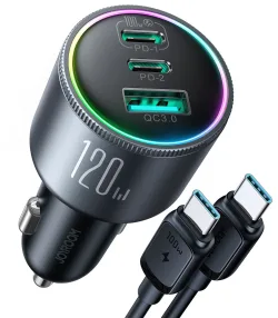 Caricabatterie Auto con Cavo USB-C Joyroom JR-CCN07, 120W, 5A, 1 x USB-A - 2 x USB-C, Grigio