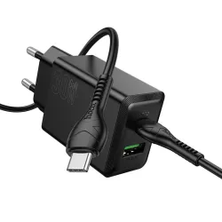Caricabatterie da Rete con Cavo USB-C HOCO N71, 30W, 3A, 1 x USB-A - 1 x USB-C, Nero