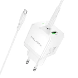Caricabatterie Rete con Cavo USB-C Borofone BN19 Intenso, 20W, 3A, 1 x USB-A - 1 x USB-C, Bianco