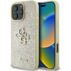 Custodia per Apple iPhone 16 Pro, Guess, Fixed Glitter Big 4G, Dorata