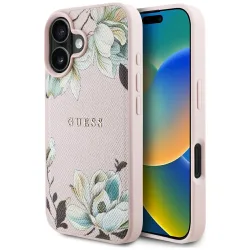 Custodia MagSafe per Apple iPhone 16, Guess, Grained Flowers, Rosa