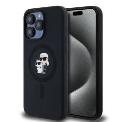Custodia MagSafe per Apple iPhone 15 Pro Max, Karl Lagerfeld, Silicone Ring Karl & Choupette, Nera