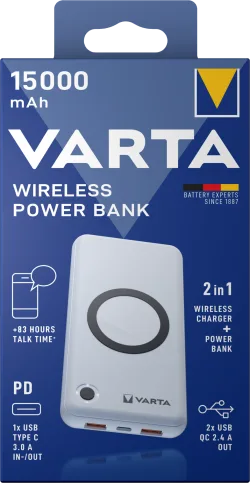 Batteria Esterna Wireless Varta Energy, 15000mAh, 18W, QC + PD + FQI, 1 x QI - 1 x USB-C - 2 x USB-A, Bianca