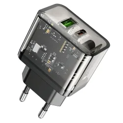 Caricabatterie Rete HOCO N34, 20W, 3A, 1 x USB-A - 1 x USB-C, Trasparente