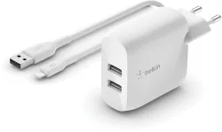 Caricatore da rete con cavo USB-C Belkin BoostCharge Dual, 24W, 2.4A, 2 x USB-A, Bianco WCE001vf1MWH
