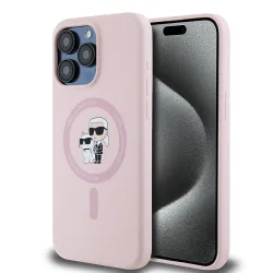Custodia MagSafe per Apple iPhone 15 Pro Max, Karl Lagerfeld, Silicone Ring Karl & Choupette, Rosa