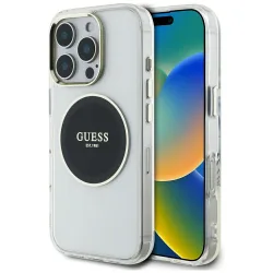 Custodia MagSafe per Apple iPhone 16 Pro Max, Guess, IML Metal Colored Circle, Nera