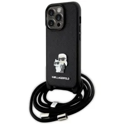 Custodia per Apple iPhone 14 Pro, Karl Lagerfeld, Saffiano Crossbody Metal Pin Karl & Choupette, Nera