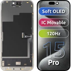 Display con Touchscreen MP compatibile con Apple iPhone 15 Pro, con Cornice, Versione Soft OLED FHD 120Hz IC Movable, Nero