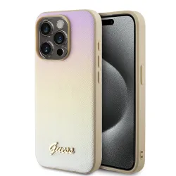 Custodia per Apple iPhone 15 Pro, Guess, Saffiano Iridescent Script, Dorata