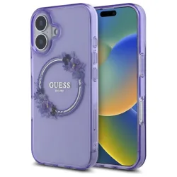 Custodia MagSafe per Apple iPhone 16, Guess, IML Flowers Wreath, Viola