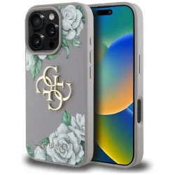 Custodia per Apple iPhone 16 Pro, Guess, 4G Grained Roses Big Logo, Viola