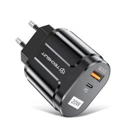 Caricabatterie Rete Techsuit Premium, 20W, 3A, 1 x USB-A - 1 x USB-C, Nero CHPD038
