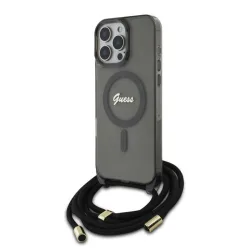 Custodia MagSafe per Apple iPhone 16 Pro, Guess, IML Crossbody Cord Script, Nera