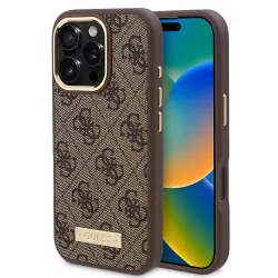 Custodia MagSafe per Apple iPhone 16 Pro, Guess, 4G Logo Plate, Marrone