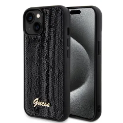 Custodia per Apple iPhone 15, Guess, Sequin Script Metal, Nera