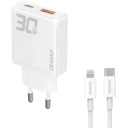 Dudao A30EUL Caricatore di rete con cavo Lightning, 30W, 3A, 1 x USB-A - 1 x USB-C, Bianco