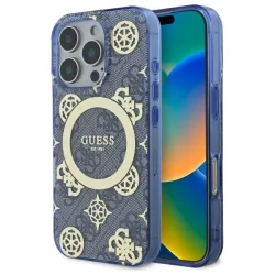 Custodia MagSafe per Apple iPhone 16 Pro, Guess, IML Peony su sfondo 4G, Blu