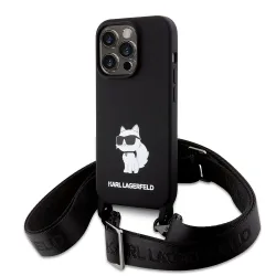 Custodia per Apple iPhone 15 Pro Max, Karl Lagerfeld, Silicone Crossbody Choupette, Nera