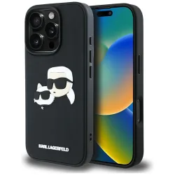 Custodia per Apple iPhone 16 Pro, Karl Lagerfeld, 3D Rubber Karl & Choupette, Nera