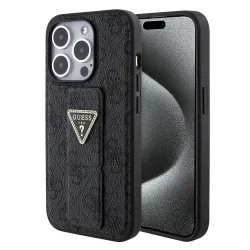 Custodia per Apple iPhone 15 Pro, Guess, Grip Stand 4G Triangle Strass, Nera