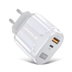 Caricabatterie Retea Techsuit Premium, 20W, 3A, 1 x USB-A - 1 x USB-C, Bianco