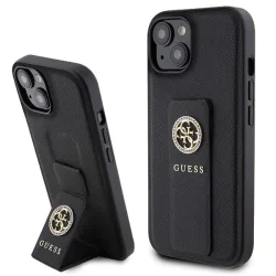 Custodia per Apple iPhone 15, Guess, Grip Stand 4G Saffiano Strass, Nera
