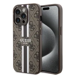 Custodia MagSafe per Apple iPhone 15 Pro, Guess, 4G Printed Stripes, Marrone