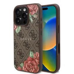 Custodia MagSafe per Apple iPhone 16 Pro, Guess, Stampa Fiori 4G, Marrone
