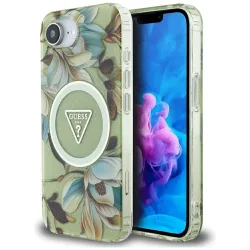 Custodia MagSafe per Apple iPhone 17e / 16e, Guess, IML Metal Glitter Flowers Triangle, Verde