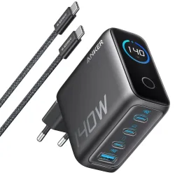 Caricabatterie da rete con cavo USB-C Anker Zolo, 140W, 5A, 1 x USB-A - 3 x USB-C, Nero B2697GZ1