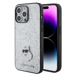 Custodia per Apple iPhone 15 Pro Max, Karl Lagerfeld, Glitter Fixed Choupette Logo, Argento