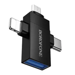 Adattatore OTG Lightning / microUSB / USB-C - USB-A Borofone BV26D, Nero