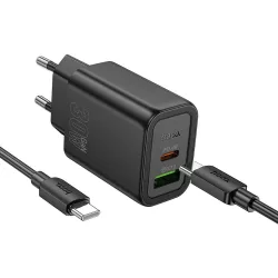 Caricabatterie da Rete con Cavo USB-C HOCO N63, 30W, 3A, 1 x USB-A - 1 x USB-C, Nero
