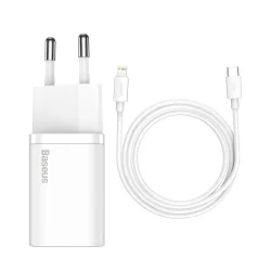 Caricatore da rete con cavo Lightning Baseus Super Si, 20W, 3A, 1 x USB-C, Bianco TZCCSUP-B02