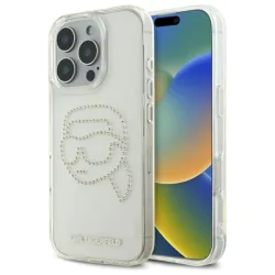 Custodia per Apple iPhone 16 Pro Max, Karl Lagerfeld, IML Rhinestones Karl's Head, Trasparente