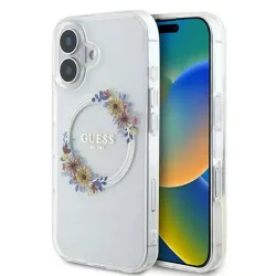 Custodia MagSafe per Apple iPhone 16, Guess, IML Flowers Wreath, Trasparente