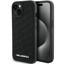 Custodia per Apple iPhone 15 Plus, Karl Lagerfeld, motivo trapuntato diagonale K, nera.