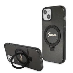 Custodia MagSafe per Apple iPhone 15 Plus, Guess, Ring Stand Script Glitter, Nera