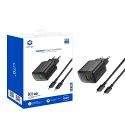 Caricabatterie Rete con Cavo Lightning Lito LC15L, 20W, 3A, 1 x USB-A - 1 x USB-C, Nero