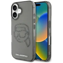 Custodia per Apple iPhone 16, Karl Lagerfeld, IML Rhinestones Karl's Head, Nera