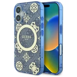 Custodia MagSafe per Apple iPhone 16, Guess, IML Peony On 4G Background, Blu