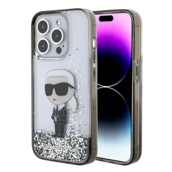 Custodia per Apple iPhone 15 Pro, Karl Lagerfeld, Liquid Glitter Ikonik Karl, Trasparente