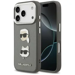 Custodia per Apple iPhone 17 Pro, Karl Lagerfeld, Grained Karl & Choupette's Heads Pins and Logo, Grigio