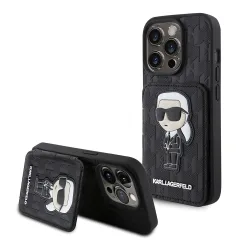 Custodia per Apple iPhone 15 Pro, Karl Lagerfeld, Saffiano Cardslots and Stand Monogram Ikonik Karl, Nera