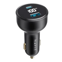 Caricabatterie Auto HAVIT CC100W Display, 100W, 5A, 1 x USB-A - 1 x USB-C, Nero