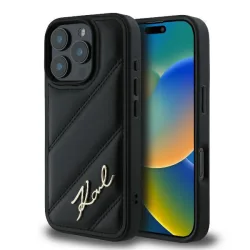 Custodia per Apple iPhone 16 Pro, Karl Lagerfeld, Diagonal Quilted Script, Nera