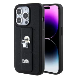 Custodia MagSafe per Apple iPhone 15 Pro, Karl Lagerfeld, Saffiano Gripstand Karl & Choupette, Nera